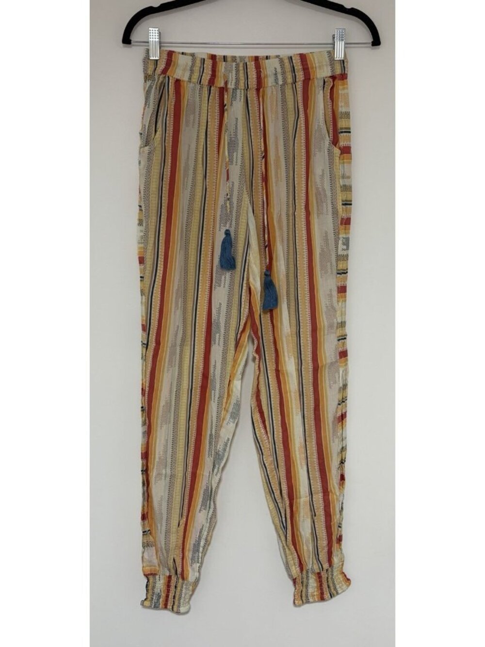 Z&L Womens Cotton Striped Beach Pants Boho Tassel Drawstring Southwestern Sz M